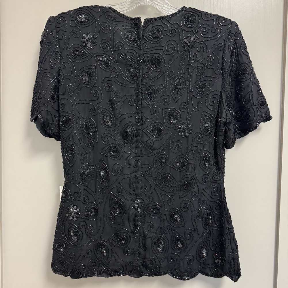 NWT Vintage Patra Petites 100% Silk Beaded Sequined Evening Top Black 80’s Sz MP - Picture 3 of 11